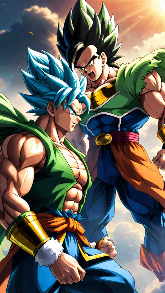  an anime art of broly and vegeta from dragon ball discussing who deserves the title of god of destruction. hyperrealistic, full body, detailed clothing, highly detailed, cinematic lighting, stunningly beautiful, intricate, sharp focus, f/1. 8, 85mm, (centered image composition), (professionally color graded), ((bright soft diffused light)), volumetric fog, trending on instagram, trending on tumblr, HDR 4K, 8K