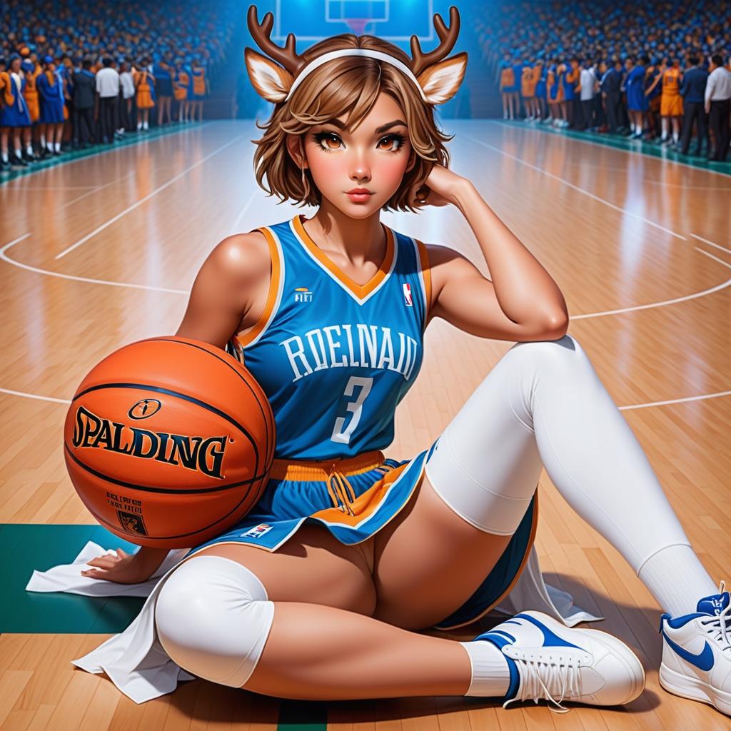  anime art very beautiful, deer girl, tan skin woman, amber doe eyes, has deer tail , has deer tail, light brown hair, round lips, straight eyebrows, button nose, round shaped face, short hair, lean figure, long legs, blue and white basket ball jersey, basketball court., award winning, professional, highly detailed, masterpiece