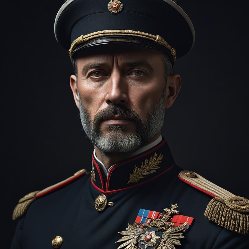  minimalist style close up of a courageous 19th century russian officer of the tsarist army, on a dark background, vector graphics, author kuno weber, computer graphics on trend, digital art, laurie early, elegant oil painting, stunning, profile photo with a resolution of 1024 pixels, . simple, clean, uncluttered, modern, elegant hyperrealistic, full body, detailed clothing, highly detailed, cinematic lighting, stunningly beautiful, intricate, sharp focus, f/1. 8, 85mm, (centered image composition), (professionally color graded), ((bright soft diffused light)), volumetric fog, trending on instagram, trending on tumblr, HDR 4K, 8K