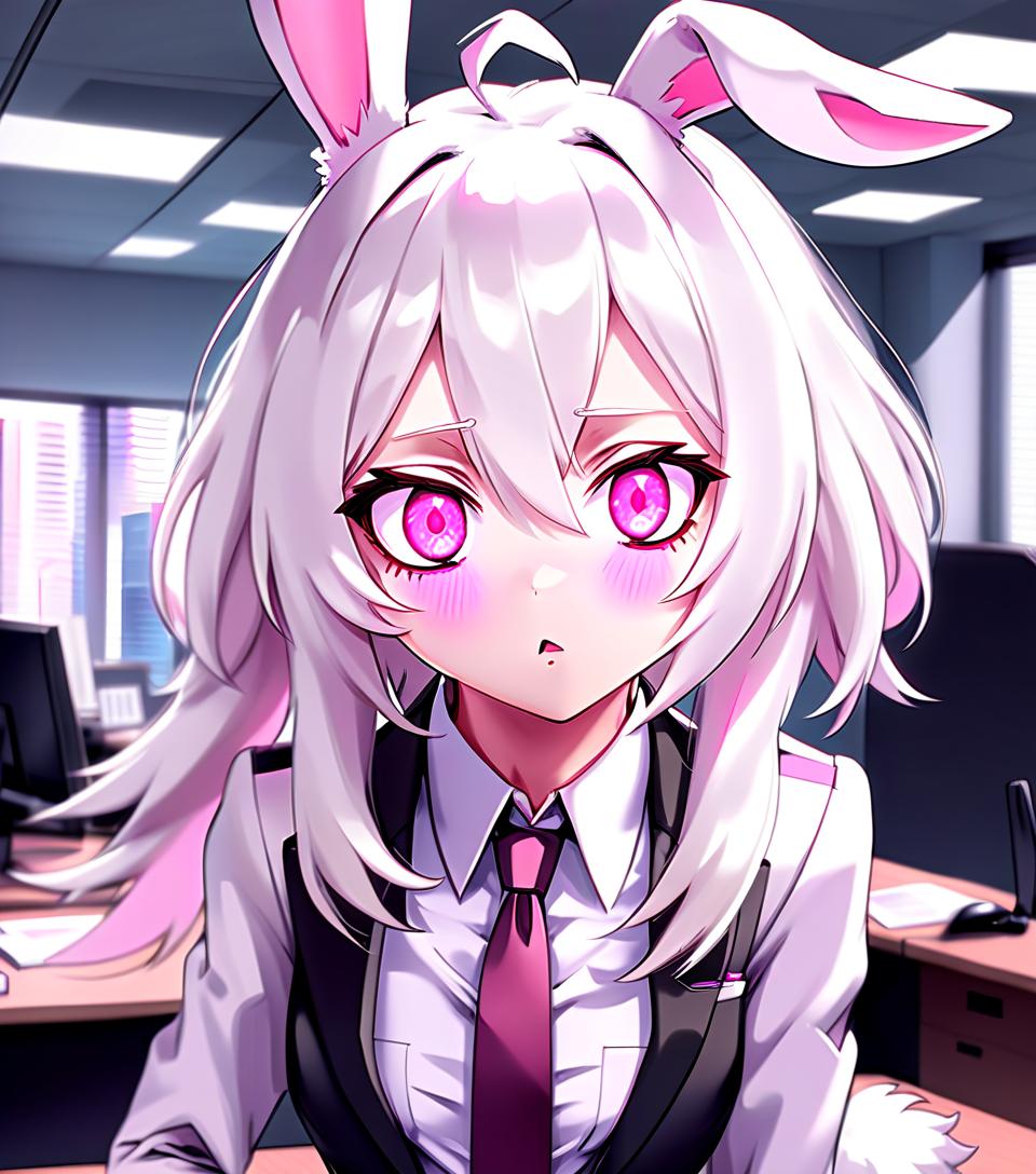  anime artwork looking straight ahead, bunny girl, in a formal suit, pink eyes, white hair, a confused face, 24 age, in the office . anime style, key visual, vibrant, studio anime, highly detailed