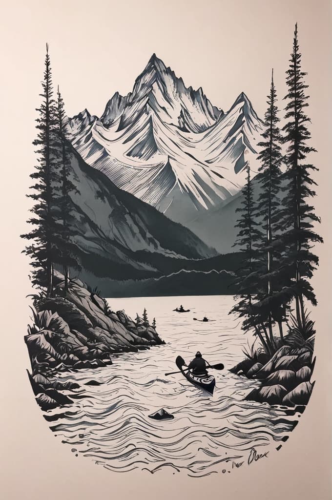  new zealand mountains in the background and kayaking on a lake underneath and someone hiking to the side, (tattoo sketch:1.25), drawing