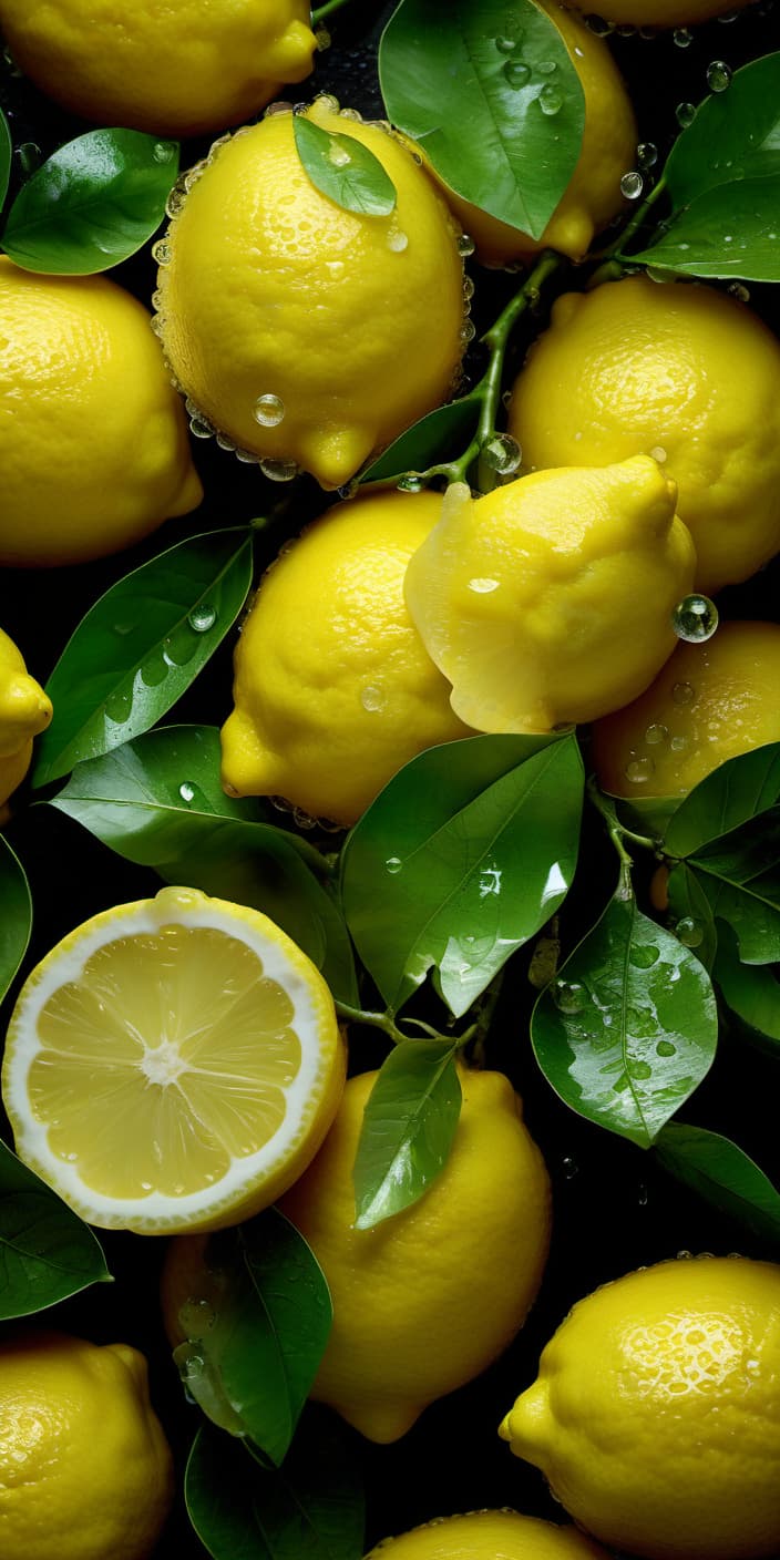  hyperrealistic art juicy yellow lemons on a branch, lemon slices with dew drops and green leaves, many, on a black background, shot at a distance of 100 cm, hyperrealistic, professional photo, 5d, realistic, 64k, high resolution, high detail, bright and juicy, bright lighting, aesthetically pleasing, beautiful . extremely high resolution details, photographic, realism pushed to extreme, fine texture, incredibly lifelike