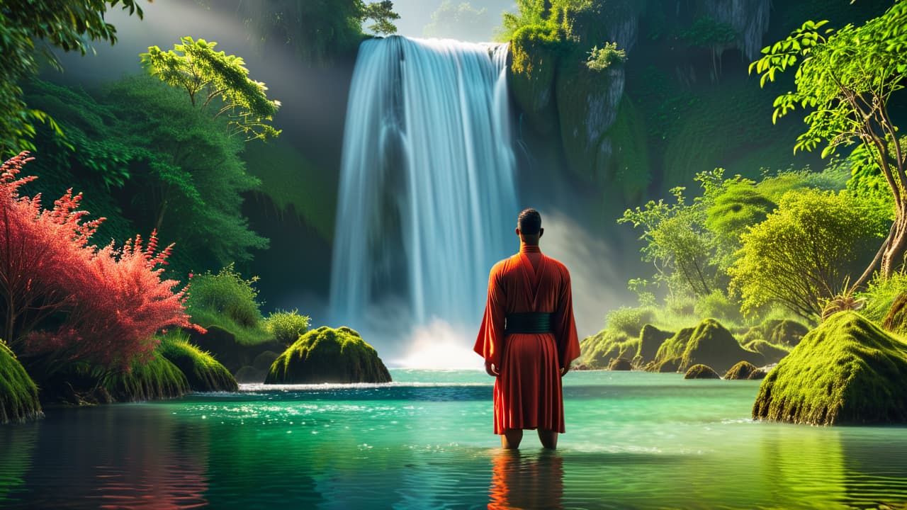  a serene landscape depicting a meditative figure surrounded by nature, with flowing water, vibrant greenery, and harmonious elements like crystals and essential oils, symbolizing balance and holistic wellness. hyperrealistic, full body, detailed clothing, highly detailed, cinematic lighting, stunningly beautiful, intricate, sharp focus, f/1. 8, 85mm, (centered image composition), (professionally color graded), ((bright soft diffused light)), volumetric fog, trending on instagram, trending on tumblr, HDR 4K, 8K