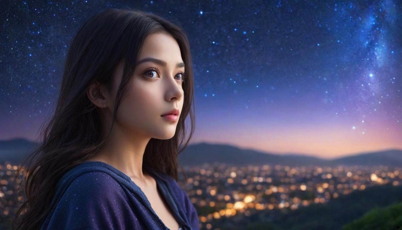  one girl, beautiful face, detailed eyes, starry sky background