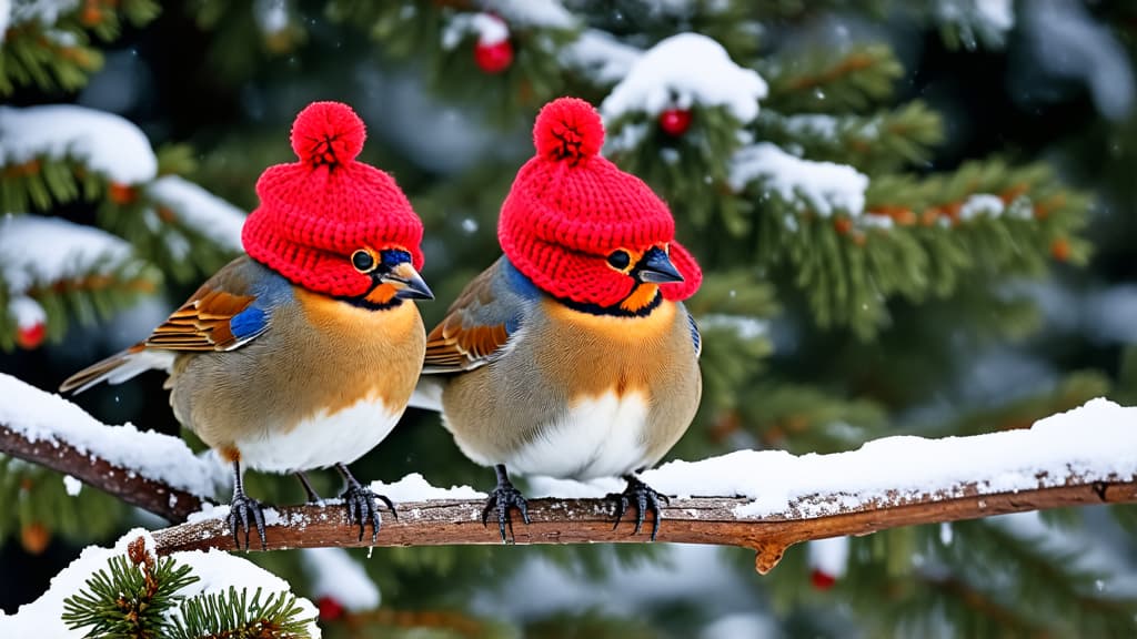  professional detailed photography, two cute sparrows in funny knitted red hats sit on a branch in the garden in the snow in winter ar 16:9, (muted colors, dim colors, soothing tones), (vsco:0.3)