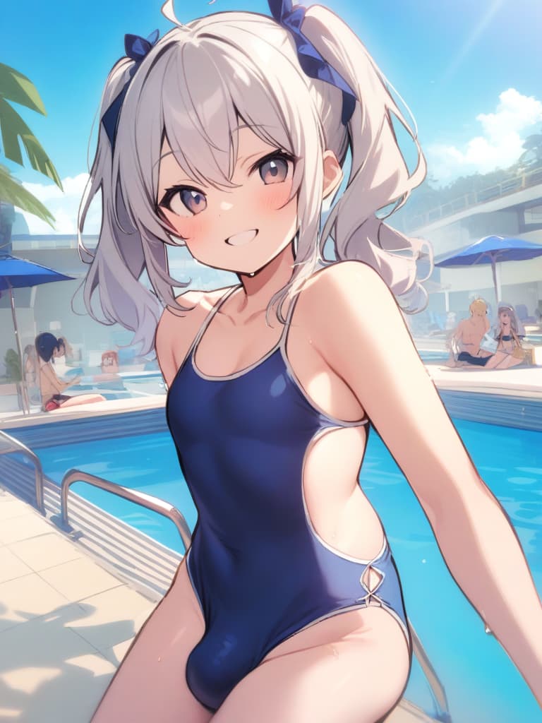  women's elementary students, twin tails, rich smiles, cute smiles, navy blue swimwear, old swimwear, swimwear, simple, male, shaped clear , shaped clear, clear stem, shaped crisp, male bulge,, front. the whole body, pool side,