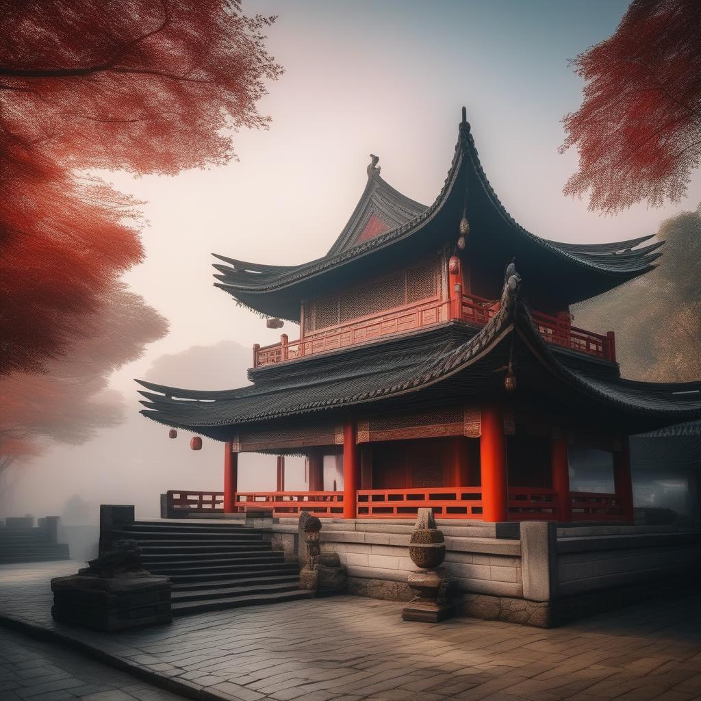  traditional chinese architecture hyperrealistic, full body, detailed clothing, highly detailed, cinematic lighting, stunningly beautiful, intricate, sharp focus, f/1. 8, 85mm, (centered image composition), (professionally color graded), ((bright soft diffused light)), volumetric fog, trending on instagram, trending on tumblr, HDR 4K, 8K