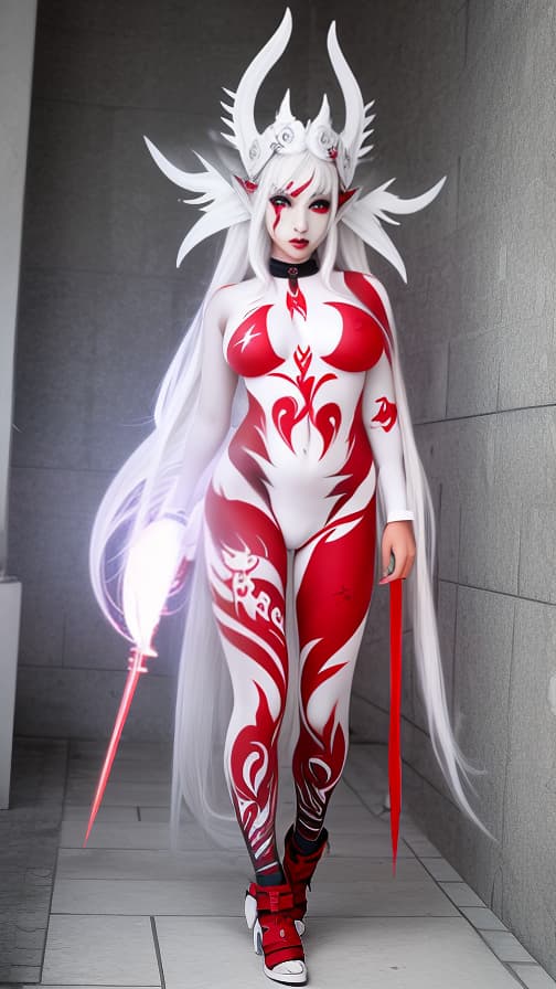  Grey and red flame pattern body paint in every corner of the whole body,White body paint full body, White flame pattern face paint on the face, two dark elf, full body image 女性