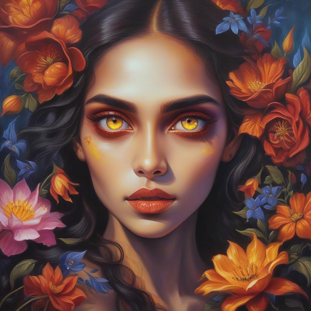  <mymodel>nataasha beautiful woman with flowers, oil painting, detailed fiery eyes, ethereal glow, dark and mysterious, high quality, vibrant colors, surreal, haunting, intricate floral details, intense gaze, mystical atmosphere, oil painting, demon, hybrid, fiery eyes, ethereal, vibrant colors, surreal, haunting, floral details, intense gaze, mystical atmosphere