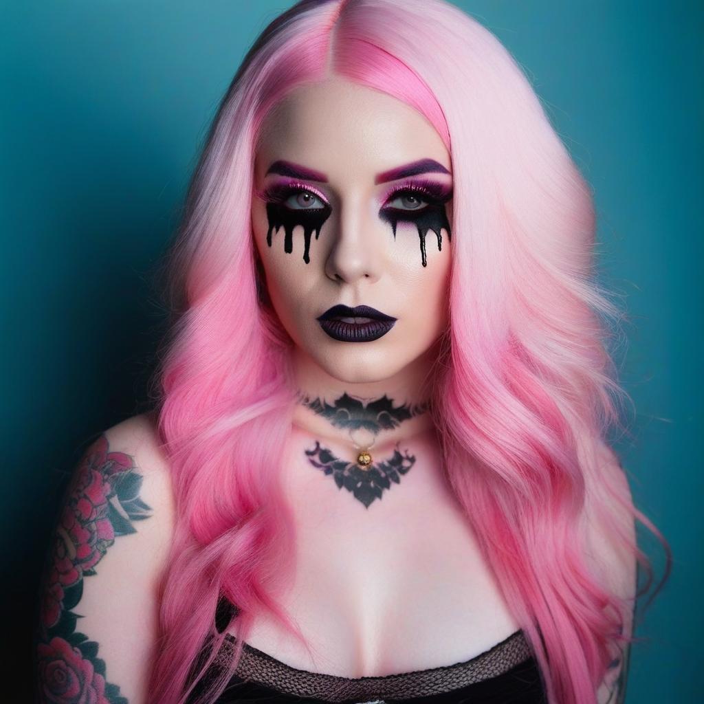  4 age women,full body shot portrait horrifying scary pale long pink hair ,full white eyes, black lips, black dripping eyeshadow tattoos,in pink cotton with pink trim