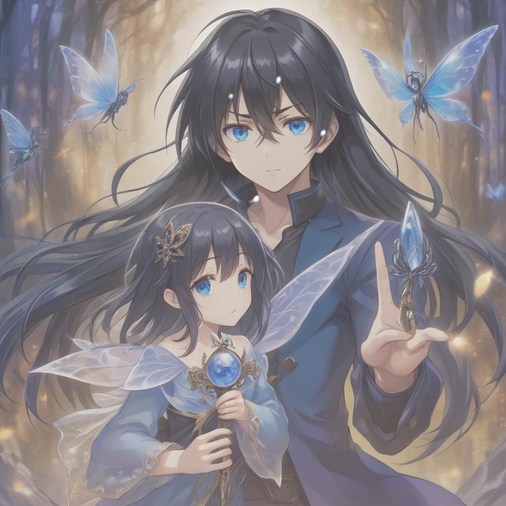  anime artwork draw a man, he is courageous, tall, mysterious, with black long straight hair, dark blue eyes, stands half sided and holds in his hand a small fairy tale world, . anime style, key visual, vibrant, studio anime, highly detailed