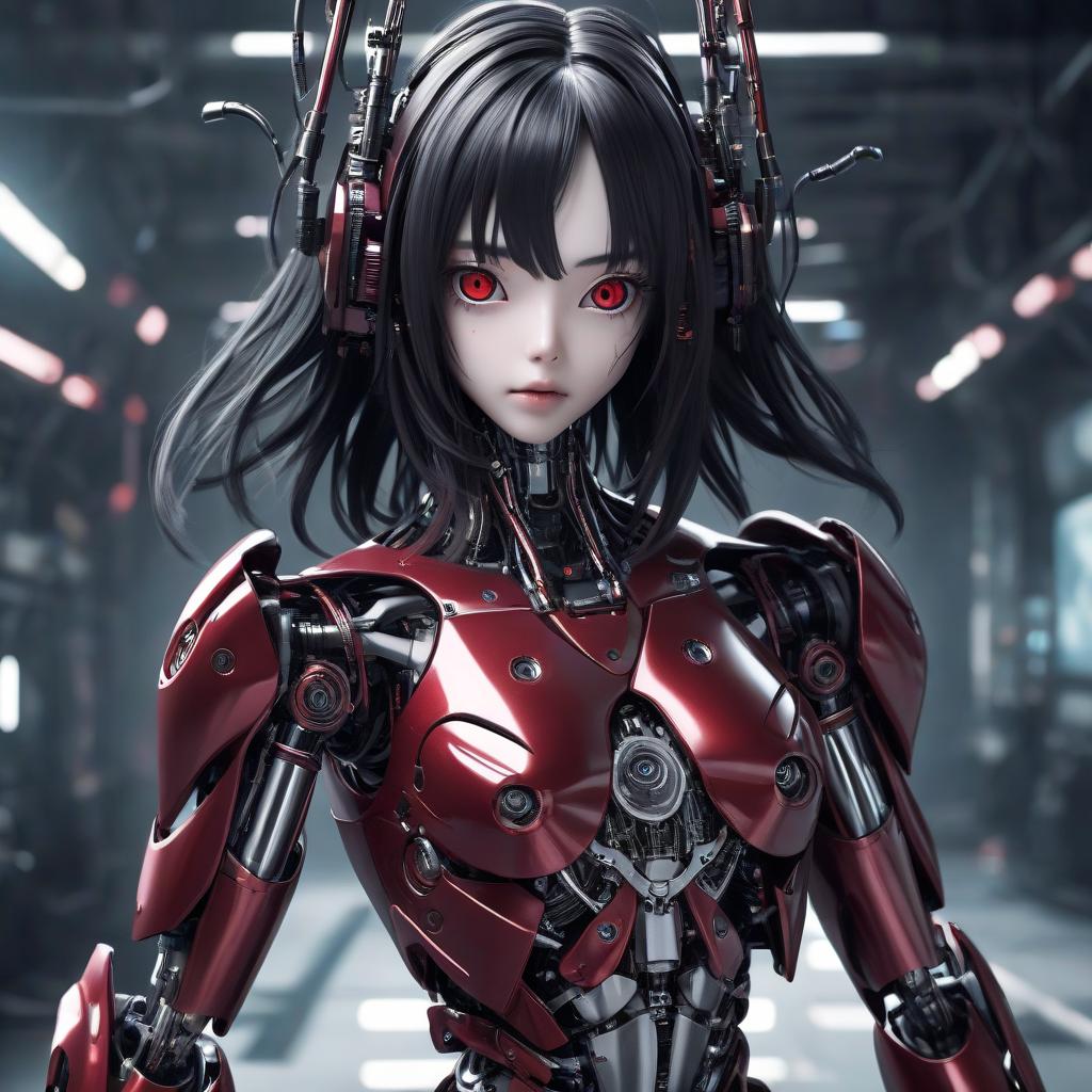  cybernetic robot robot girl, dark red metal body, silver eyes, black hair . android, ai, machine, metal, wires, tech, futuristic, highly detailed