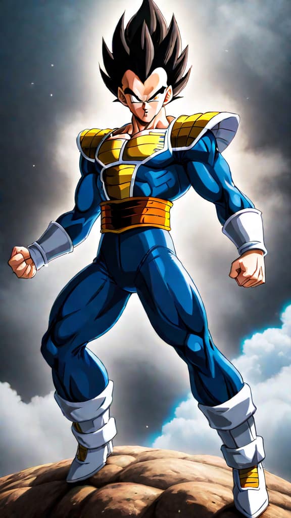  anime art: vegeta from dragon ball achieves super saiyan form through determination and raw emotion. hyperrealistic, full body, detailed clothing, highly detailed, cinematic lighting, stunningly beautiful, intricate, sharp focus, f/1. 8, 85mm, (centered image composition), (professionally color graded), ((bright soft diffused light)), volumetric fog, trending on instagram, trending on tumblr, HDR 4K, 8K