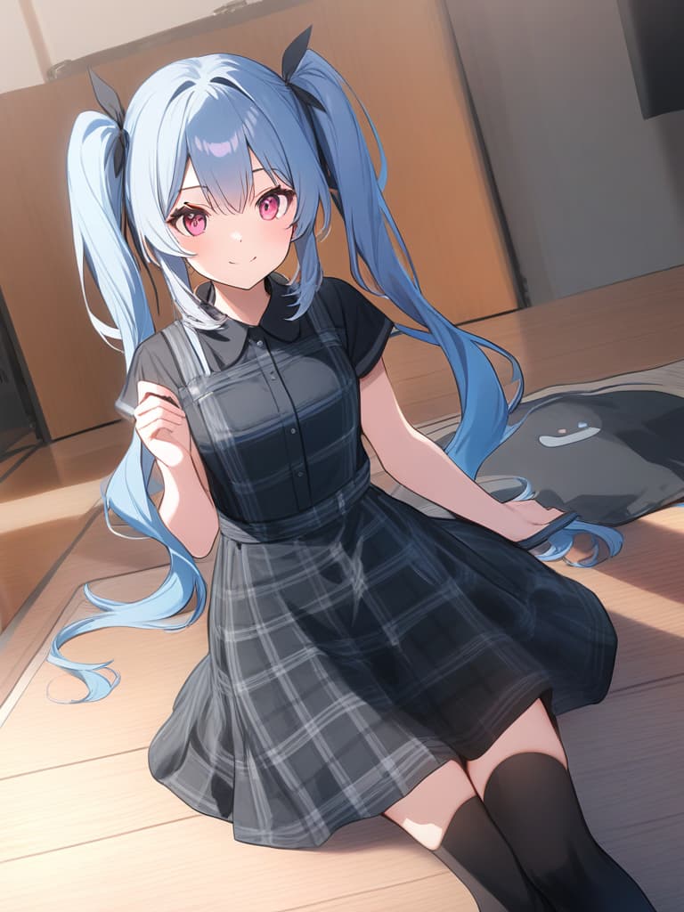  (light blue hair color:2.0 )(twin tail hair:2.0)(beautiful girl:1.5)(smiling)(pink eye color:1.5)(wearing gingham checked dress:1.5)(wearing black knee high socks:1.7)masterpiece,high quality,8k,super analysis