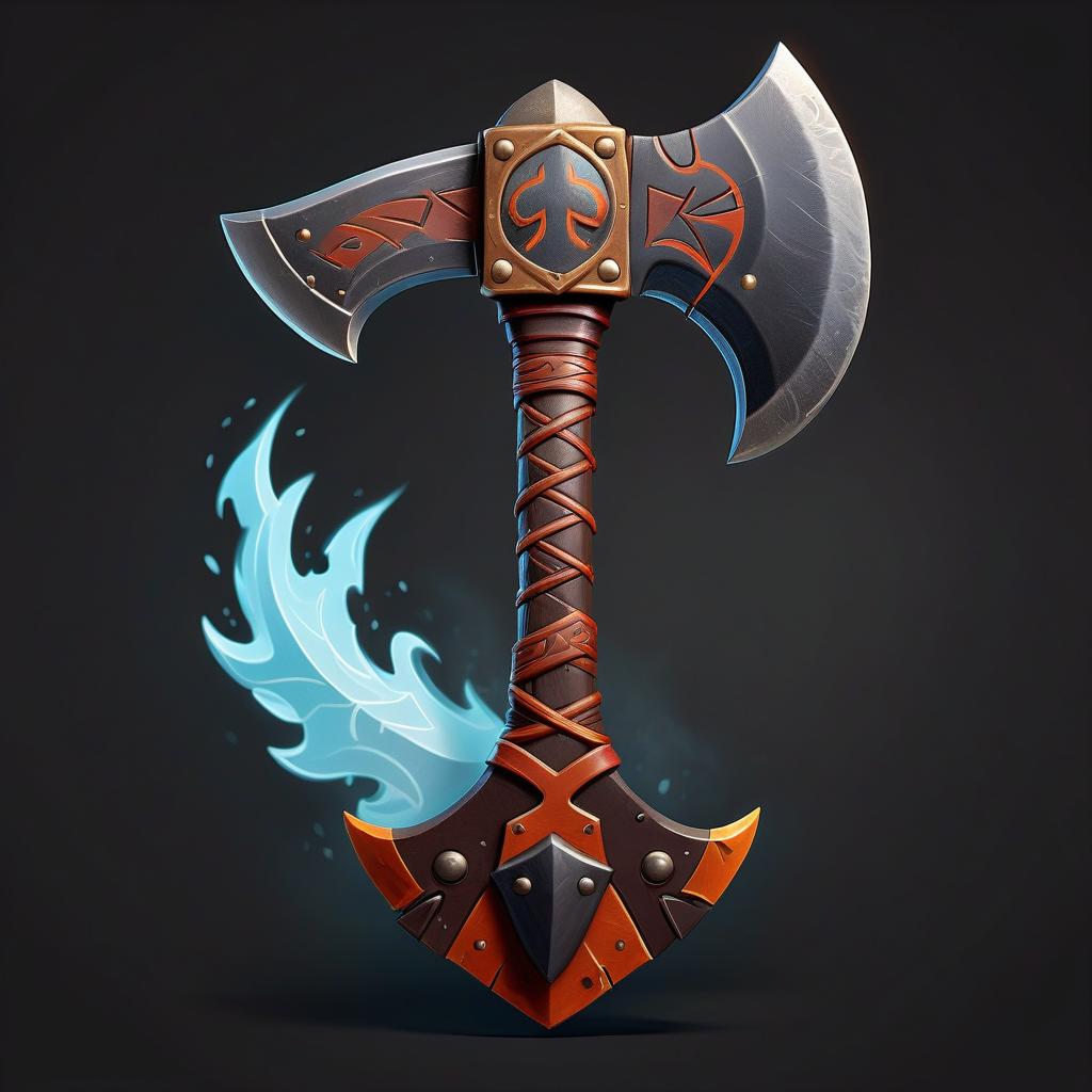  ethereal fantasy concept art of asymmetrical barbarian big battle axe, tribal accessories, rpg class minimal badge logo, front view, fire and ice, black background . magnificent, celestial, ethereal, painterly, epic, majestic, magical, fantasy art, cover art, dreamy, sticker