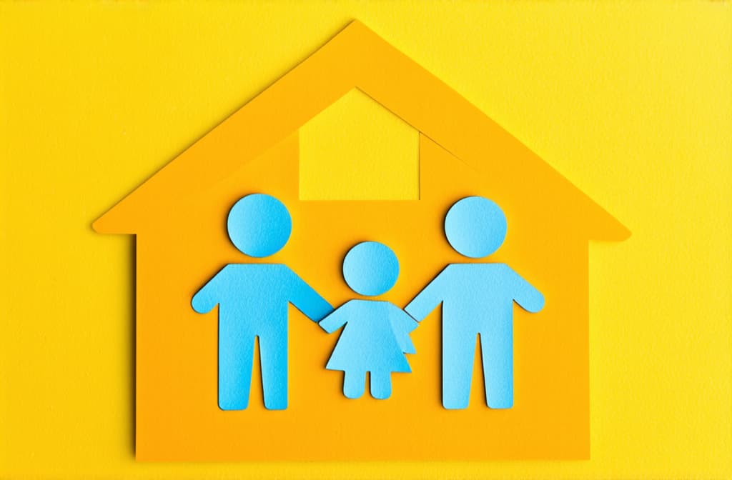  professional detailed photography, family day concept. paper cut happy family with house on yellow background. celebrating international family day on may 15. ar 3:2, (muted colors, dim colors, soothing tones), (vsco:0.3)