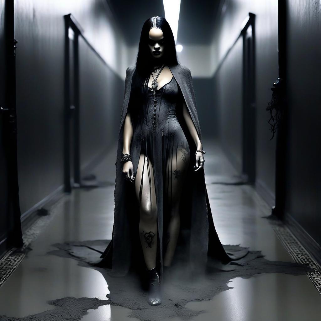  macabre style rihanna the wizard with a staff in a gray fitting dress in a white scar, in the floor against the background of a dark corridor. . dark, gothic, grim, haunting, highly detailed, perfecteyes, perfect hands