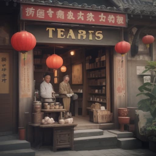  old man, chine town, tea shop, three sunflowers, text “tea875”, epic foto, 4k