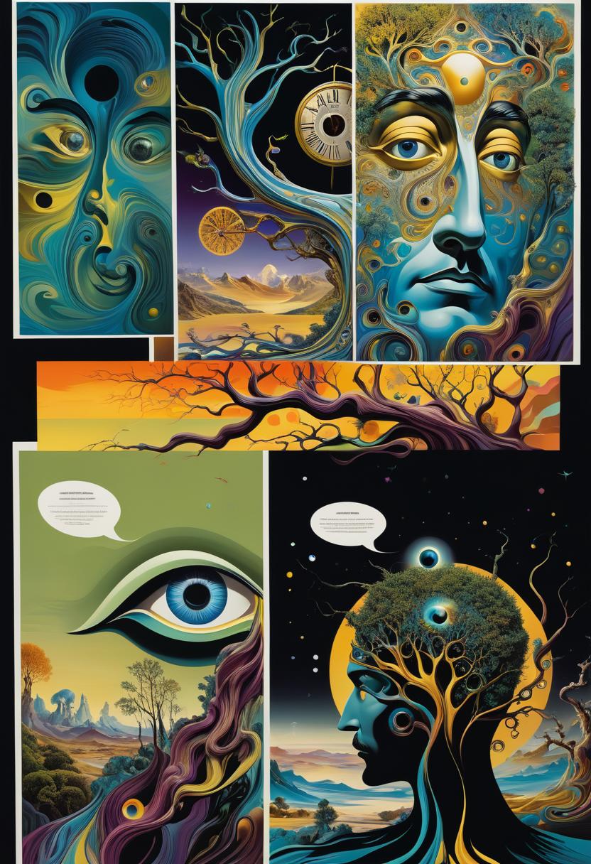  salvador dali inspired psychedelic poster depicting, head, face, eyes open, lens in one eye, back of head turns into branches, psychedelic elements integrating tree of life into surreal, abstract painting, twisted shapes, melting clock, fantasy landscape, vibrant hues, golden ratio composition, ultra fine details, digital painting.