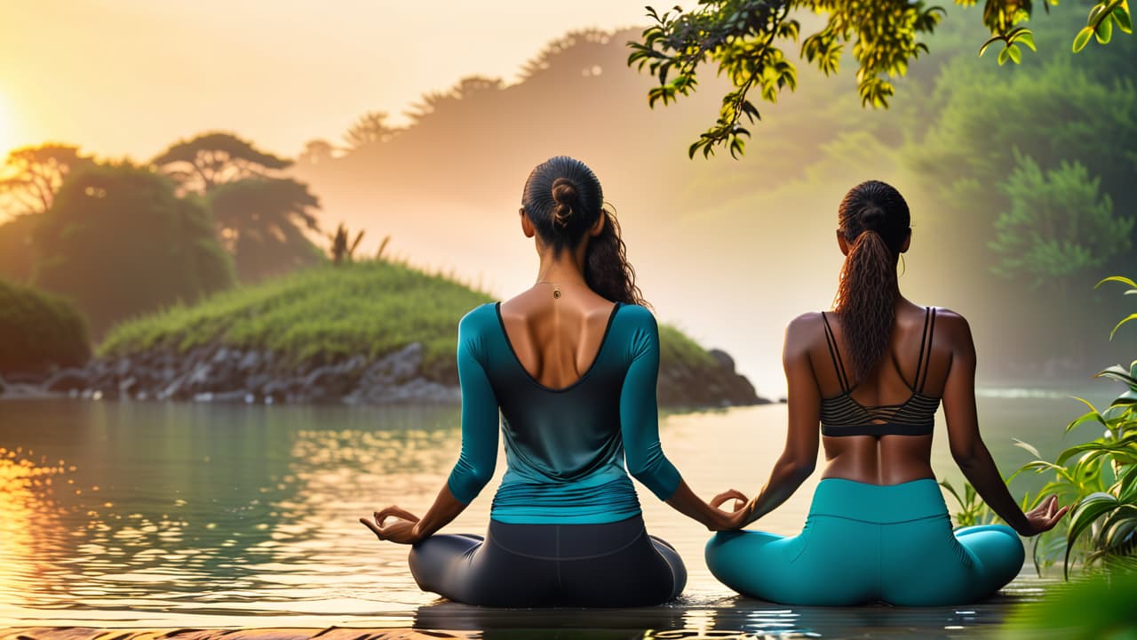  a serene landscape featuring a tranquil yoga scene at sunrise, surrounded by vibrant greenery, gentle flowing water, and diverse individuals engaged in mindful activities, embodying balance and interconnectedness in wellness. hyperrealistic, full body, detailed clothing, highly detailed, cinematic lighting, stunningly beautiful, intricate, sharp focus, f/1. 8, 85mm, (centered image composition), (professionally color graded), ((bright soft diffused light)), volumetric fog, trending on instagram, trending on tumblr, HDR 4K, 8K