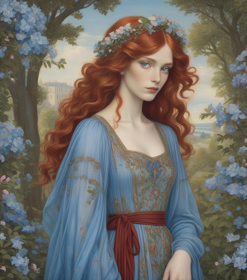  a painting of a woman with flowing red hair, blue attire, and a floral crown standing among blue blossoms. create a portrait of a woman with detailed eyes in the style of the pre raphaelite brotherhood. she has botticelli style wavy, voluminous auburn hair, adorned with small blue flowers. she is dressed in a blue gown with a sheer, diaphanous over dress that flows elegantly, complementing the flowers in her hair. her fair skin, striking green eyes, red cupid's bow lips, and contemplative expression enhance her serene beauty. the pastoral background is romantic and ethereal, with weeping trees, soft hued flowers and clouds, demonstrating a reverence for natural beauty. this artwork blends realism with fantasy, resulting in a captivating and