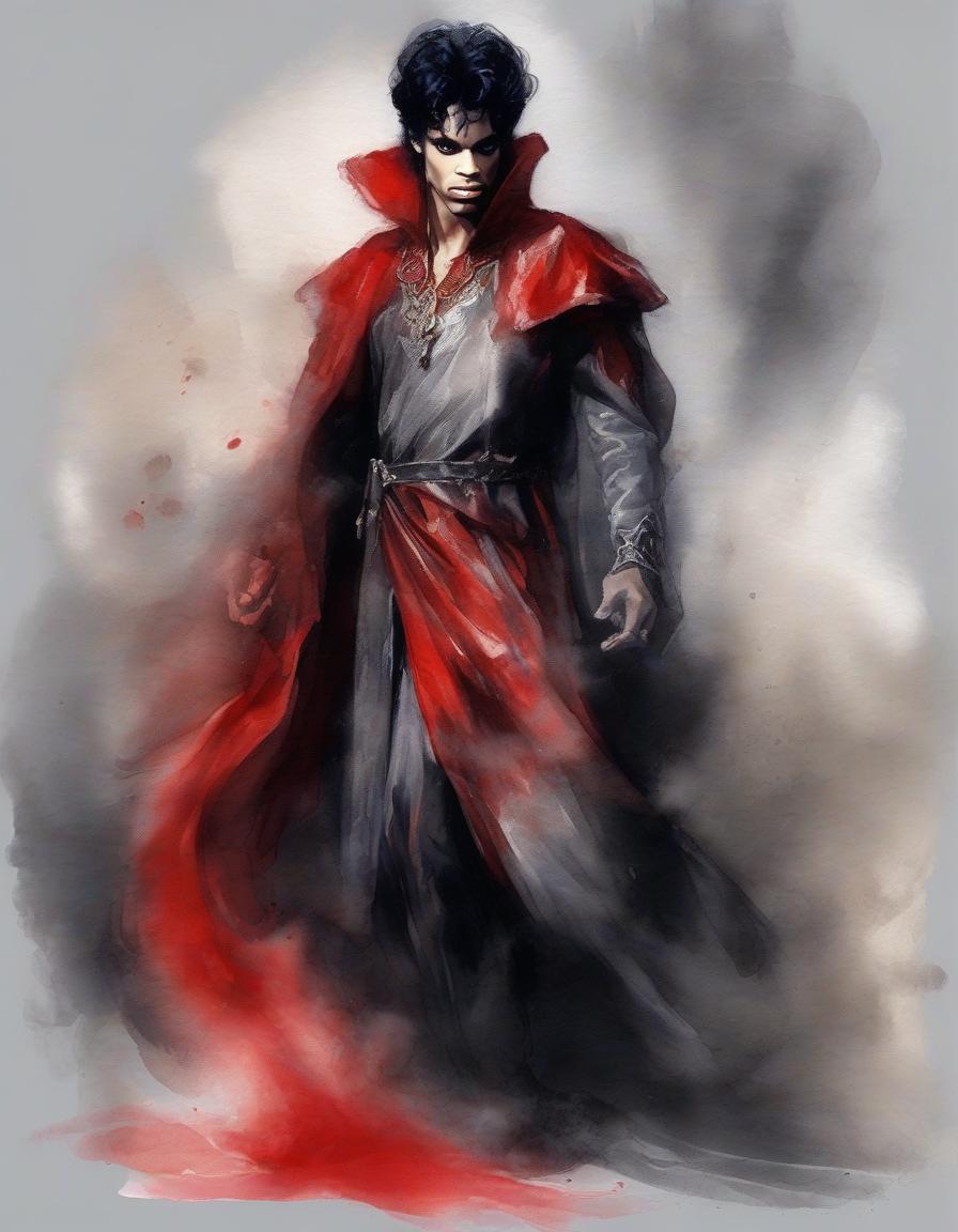  prince, sorcerer, ancient rus, ashes. painted by brush and paints, watercolor, blurred and flowing shadows, painting. black, red, gray. fantasy.