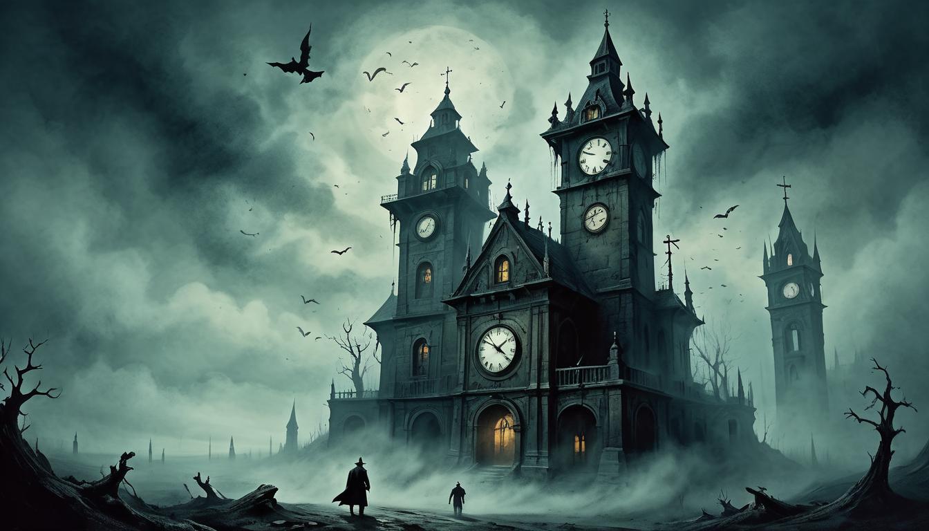  on parchment, surrealism+++, dark clocktower with broken, motionless clock hands, shadowy figures looking up forlornly, heavy mist, atmosphere of lost time and regret(mysterious, provocative, symbolic,muted color)+++