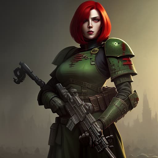  a , an imperial guard soldier from warhammer 40,000. she has short, red hair and green eyes, dark , creepy , blood , monsters , by jason engle , carlos huante , charlie bowater , simon lee , brom