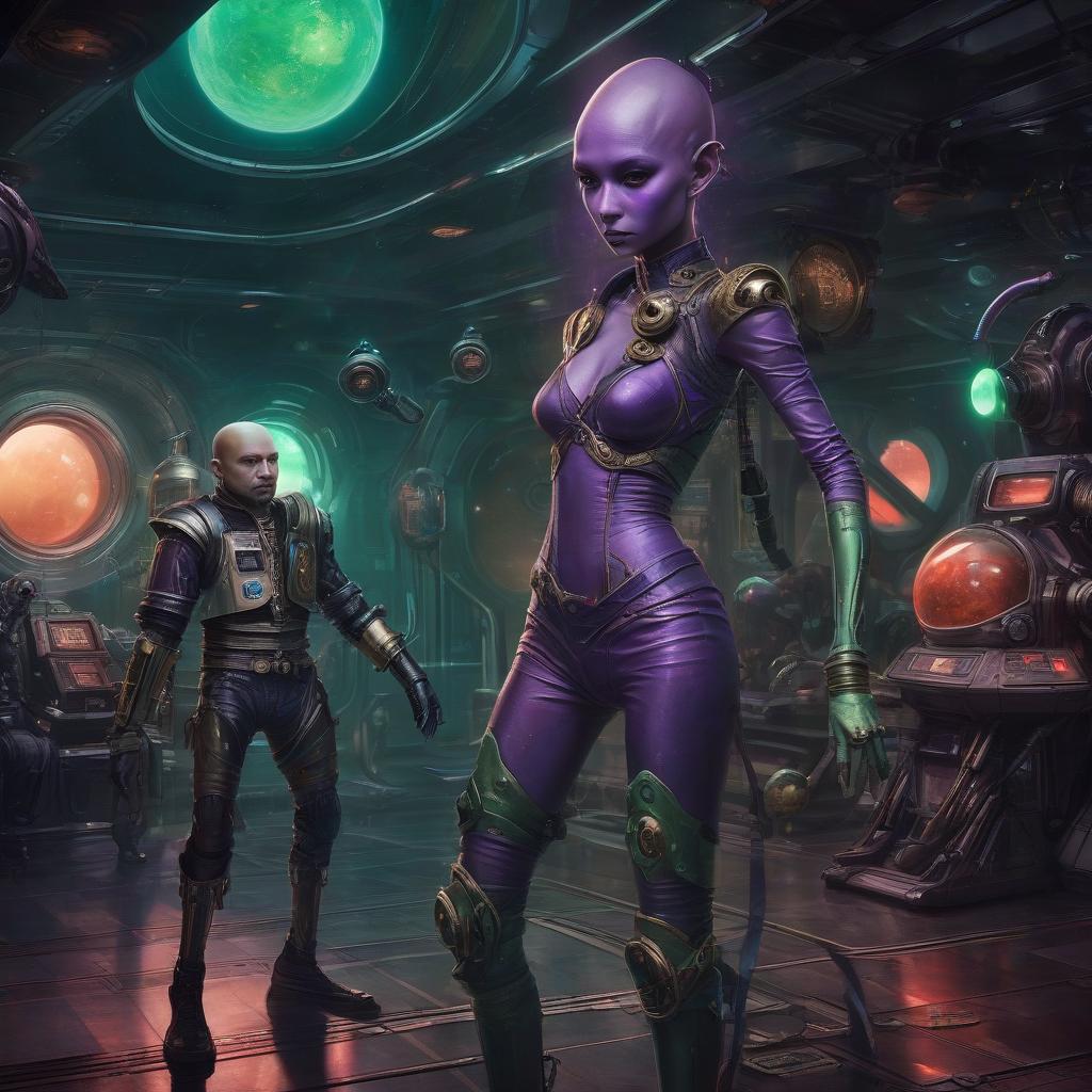  space themed a group of space pirates, a young alien of thai appearance, 20 year, purple skin, medium sized elastic , elegant thin waist, long slender legs, green hair. man, 40 year, small, fat, bald, black. next to the droid and minotaur. full length image, steampunk, dieselpunk, paropunk, standing in a space tavern, against a background of red light. . cosmic, celestial, stars, galaxies, nebulas, planets, science fiction, highly detailed