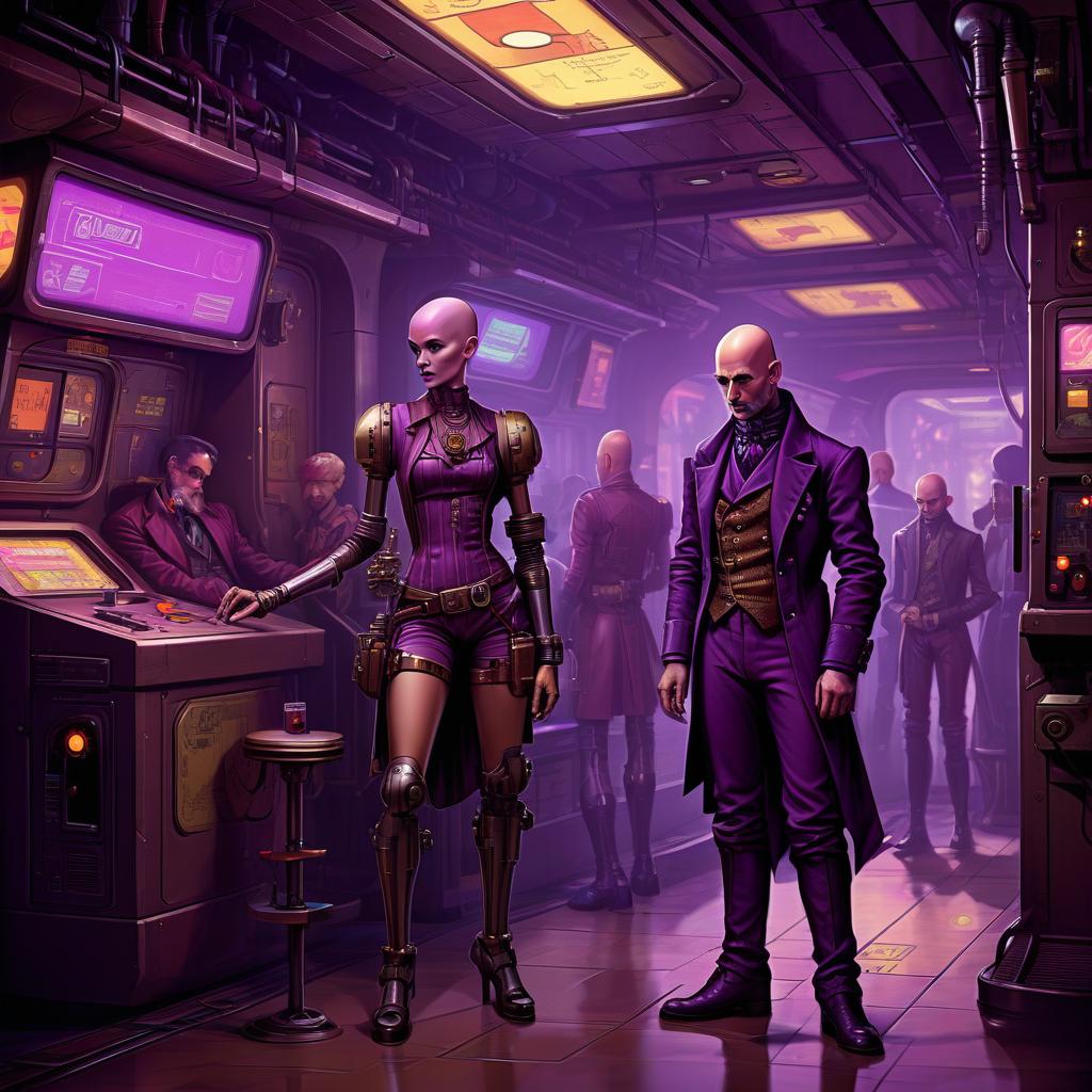  retro game art a group of smugglers, a small man, 40 year, ben needle, small, candy, bald, black. a young , 20 year, medium sized s, graceful thin waist, long slender legs, purple hair, droid, minotaur. full length image, steampunk, dieselpunk, paropunk, stand in a futuristic tavern. . 16 bit, vint colors, pixelated, nostalgic, charming, fun