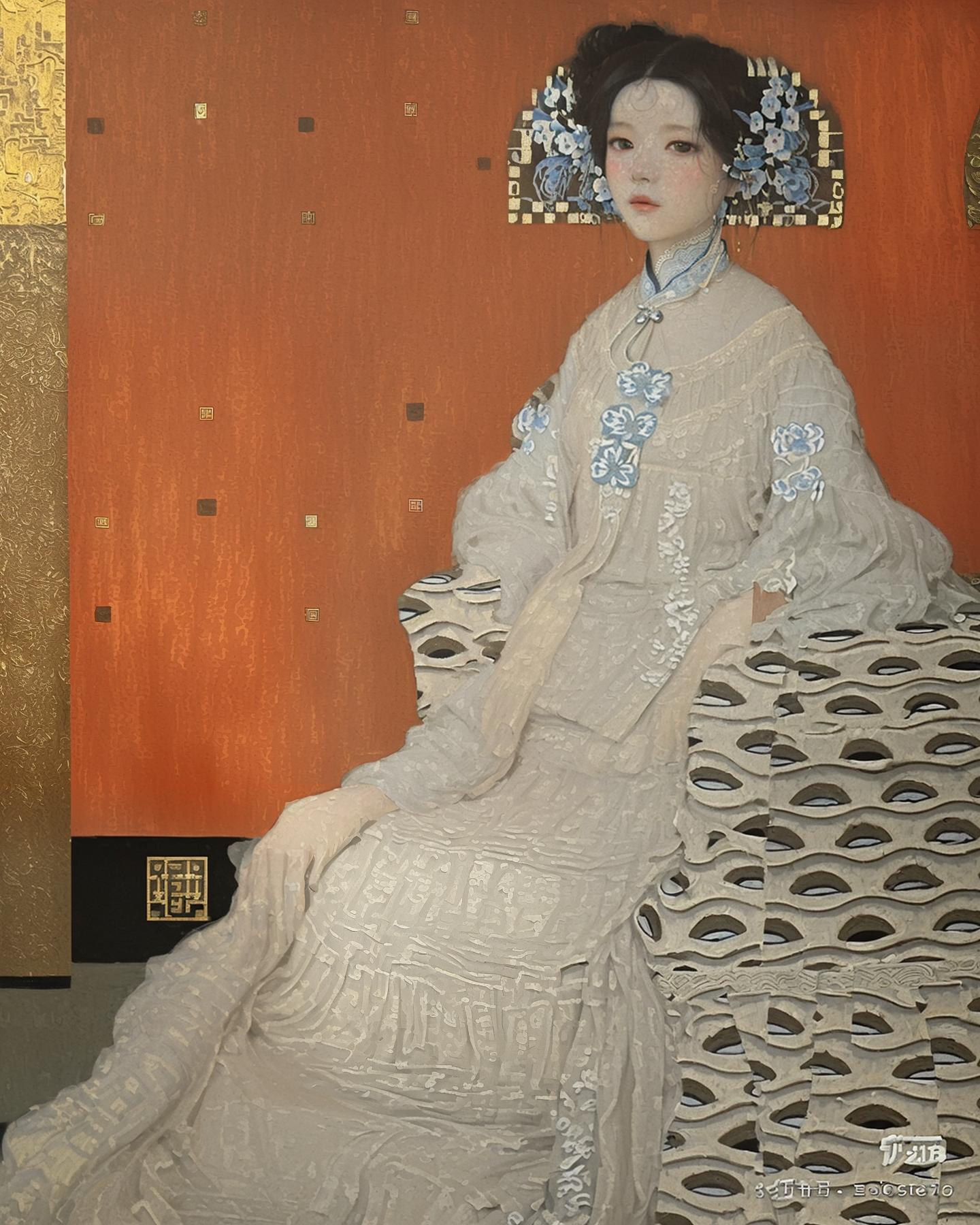  "klimt style oil painting, with delicate brush strokes. a girl wearing a blue and white patterned zhuang ethnic dress is sitting in a green chinese style courtyard. the painting should have golden highlights, cinematic lighting, and a strong contrast of mysterious tones."