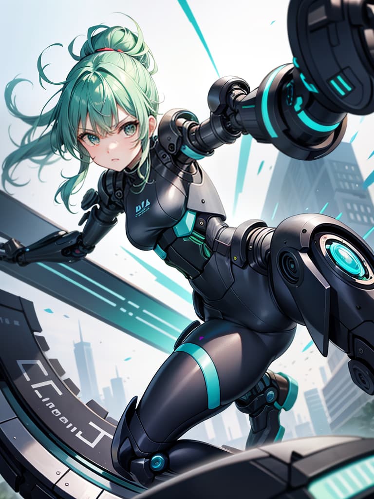  masterpiece,insanely detailed face,solo,girl,intelligence,genius,serious,cool,clear face,aqua hair,hair up,sidelocks,ring hair,humanoid,((mechanical joint)),((exoskeleton)),((mechanical legs)),green colored armor,pose,kicking,incoming attack,one leg stand,outstretched foot,close up sole,blurr sole, looking at viewer,sense of movement,speed line,motion blurr,blurr fore ground,