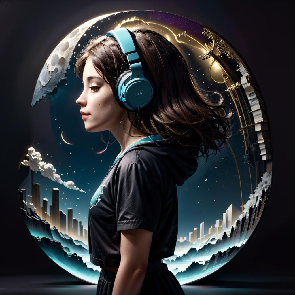  stacked papercut art of music gives a feeling of lightness and helps to plunge into the world of dreams. the girl stands with her back in space. headphones. dark colors . 3d, layered, dimensional, depth, precision cut, stacked layers, papercut, high contrast, civitai