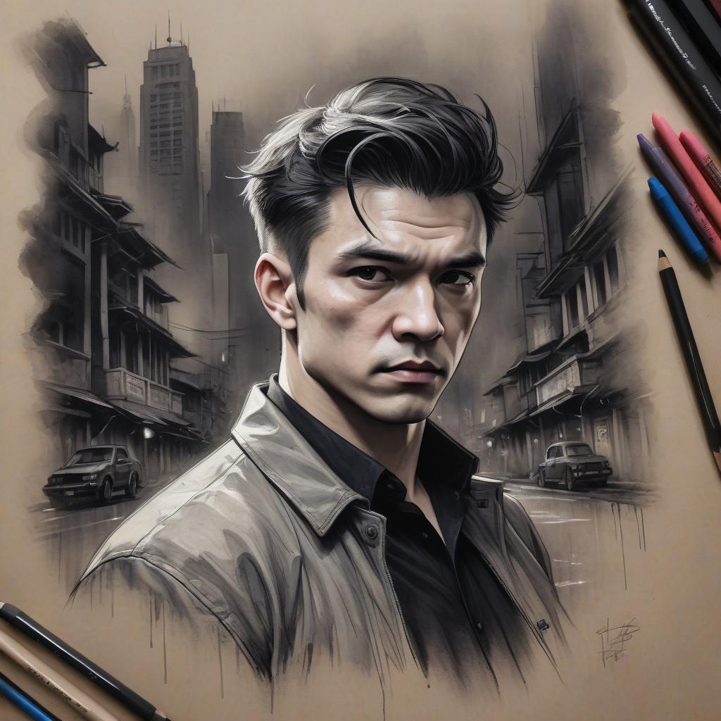  portrait of the gloomy gangster harrison fisher against the backdrop of a gloomy bangkok neighborhood. drawing in chalk, black pencil on textured paper, intricate details. night.