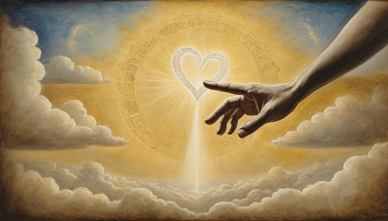  on parchment, surrealism++, golden hand extended from clouds, index finger pointing toward an ethereal, glowing heart, celestial background, beams of light, divine intention, clarity(mysterious, provocative, symbolic)++