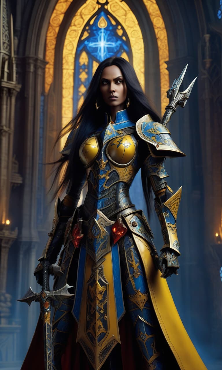  a warhammer 40000 eldar farseer female character in ornate armor stands confidently with a halberd in hand. the armor features black and yellow, with intricate patterns, red gemstones, runes glowing blue. the character has a determined expression, long hair, and pointed elven ears the background is a catholic cathedral at dusk.