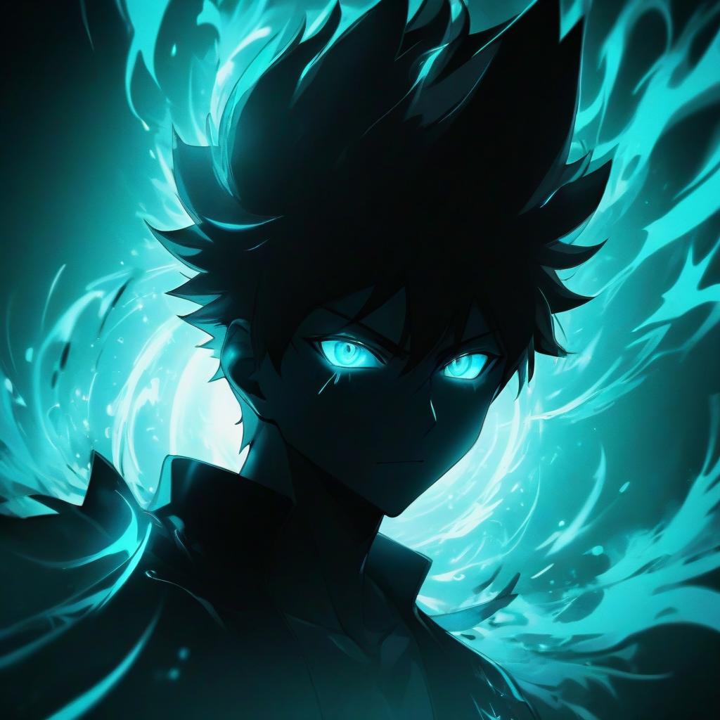  anime artwork a silhouette of a man with glowing eyes, surrounded by a vibrant teal energy aura, dark anime style . anime style, key visual, vibrant, studio anime, highly detailed