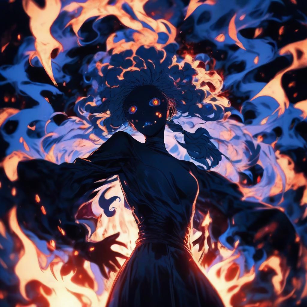  a woman that is standing in front of a fire, blue eye. anime, discord pfp, dark blue and black, !updo hair, alicization, tokyo ghoul, dancer of the underworld, great compostion, ability image, blue filter