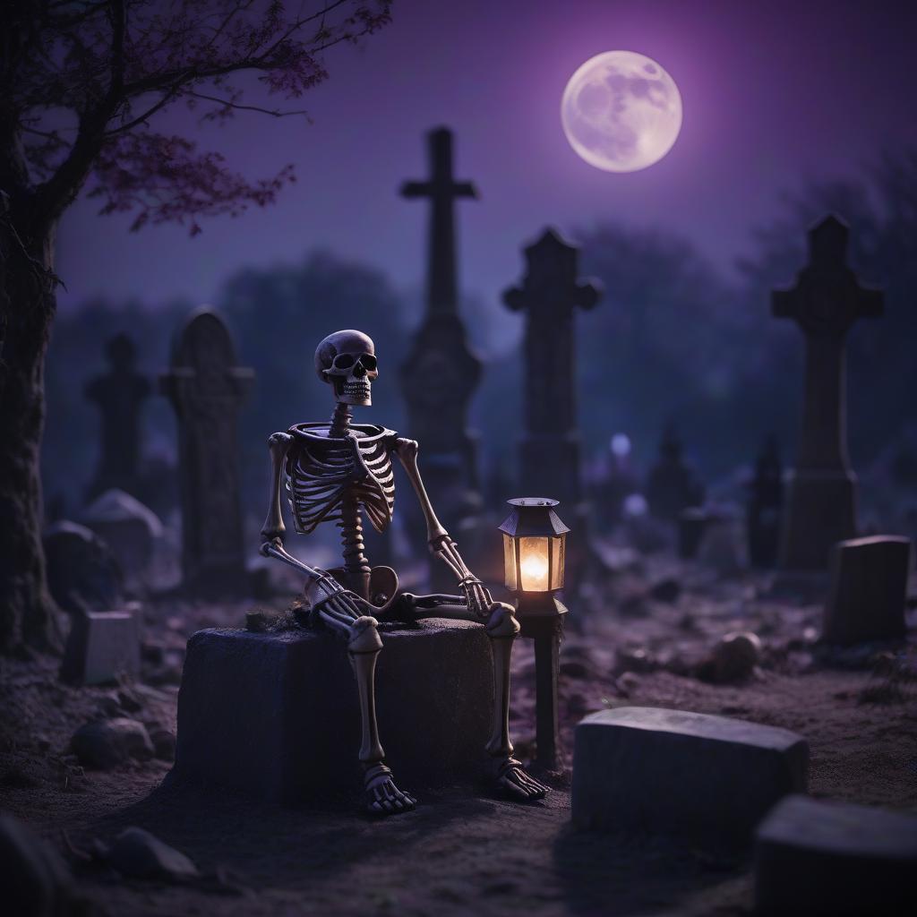  cinematic film still an iron sad skeleton sits on a split tombstone. night, a huge purple moon, a lantern, a gloomy light. . shallow depth of field, vignette, highly detailed, high budget, bokeh, cinemascope, moody, epic, gorgeous, film grain, grainy