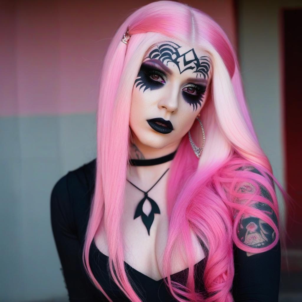  4 age women,full body shot portrait horrifying scary pale long pink hair ,full white eyes, black lips, black dripping eyeshadow tattoos,in pink cotton with pink trim