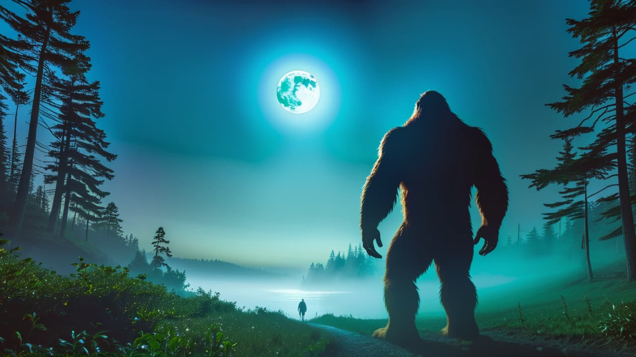  a shadowy figure in a misty forest, surrounded by eerie silhouettes of urban legends like bigfoot, the chupacabra, and the loch ness monster, illuminated by a full moon casting an ethereal glow. hyperrealistic, full body, detailed clothing, highly detailed, cinematic lighting, stunningly beautiful, intricate, sharp focus, f/1. 8, 85mm, (centered image composition), (professionally color graded), ((bright soft diffused light)), volumetric fog, trending on instagram, trending on tumblr, HDR 4K, 8K