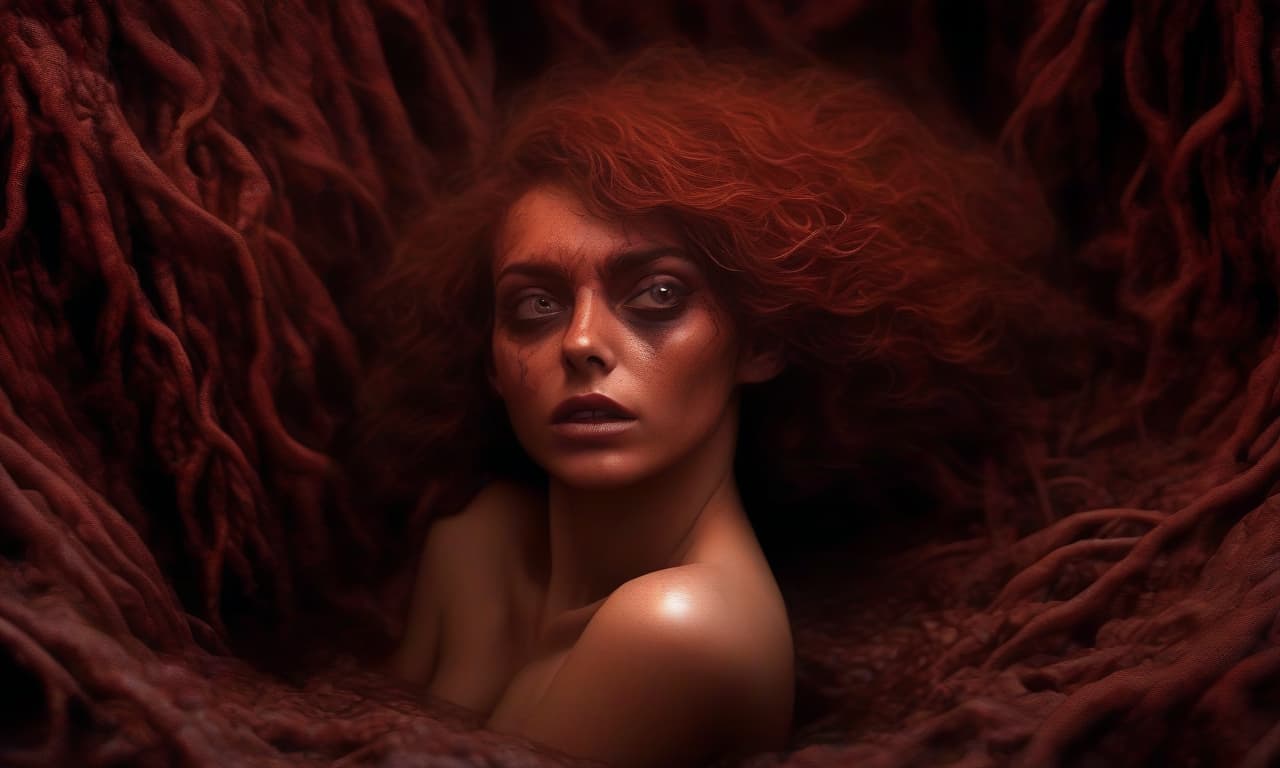  horror themed a beautiful naked woman lies in a pit, her hair curly red . eerie, unsettling, dark, spooky, suspenseful, grim, highly detailed