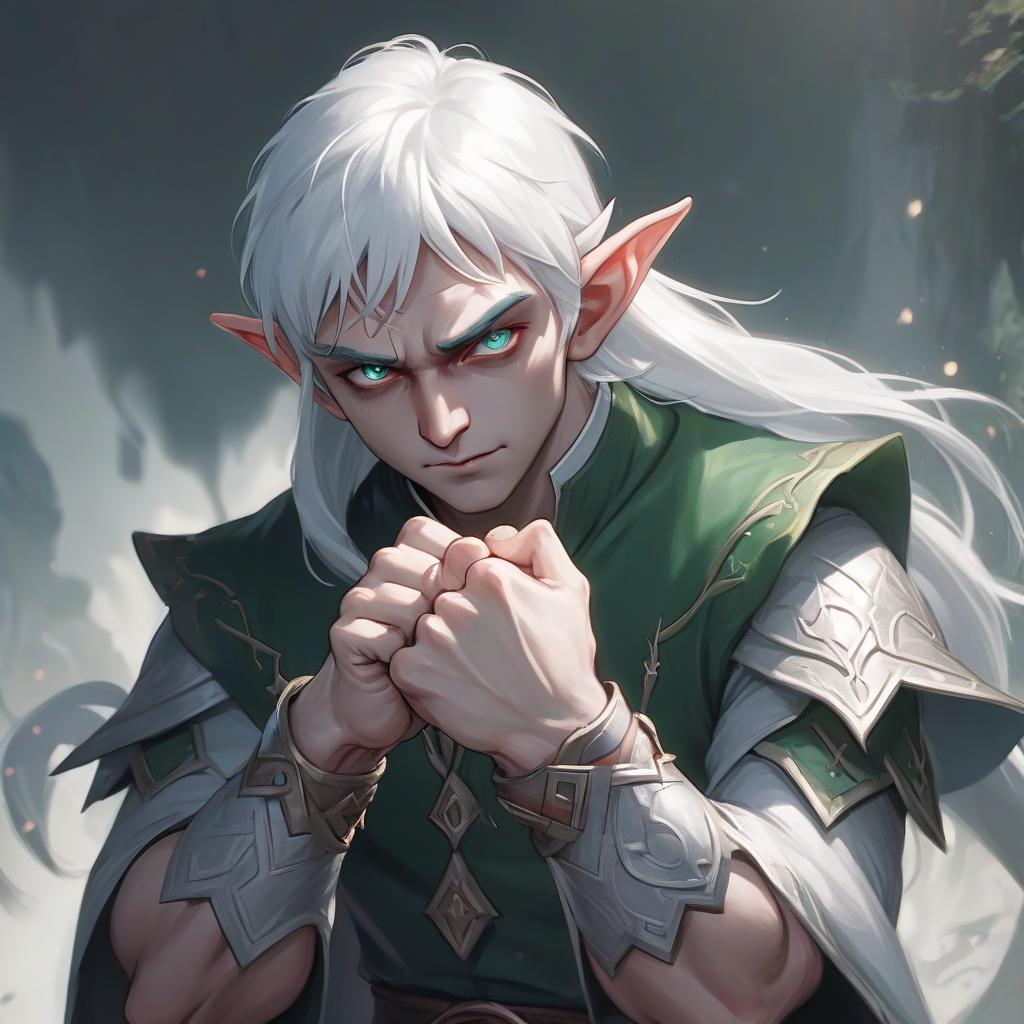  role playing game (rpg) style fantasy white haired elf man clutching his fists . detailed, vibrant, immersive, reminiscent of high fantasy rpg games