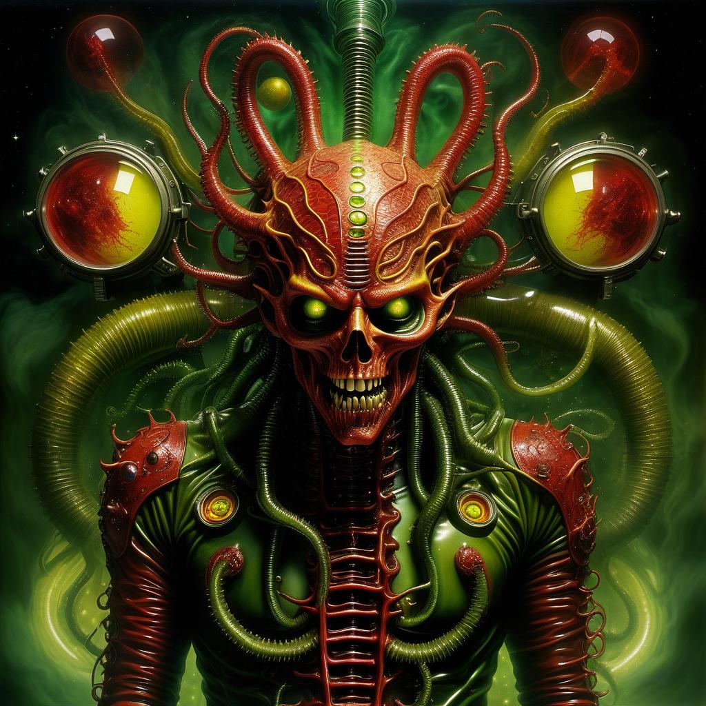  space themed hellraiser whisperer giger demon looks scary prickly red watch in yellow smoke and green sparks suction cups tentacles eyes lower jaw sting tentacles claws and a terrible moan in red smoke in yellow rings of green steam the wound flows with mucus juice . cosmic, celestial, stars, galaxies, nebulas, planets, science fiction, highly detailed