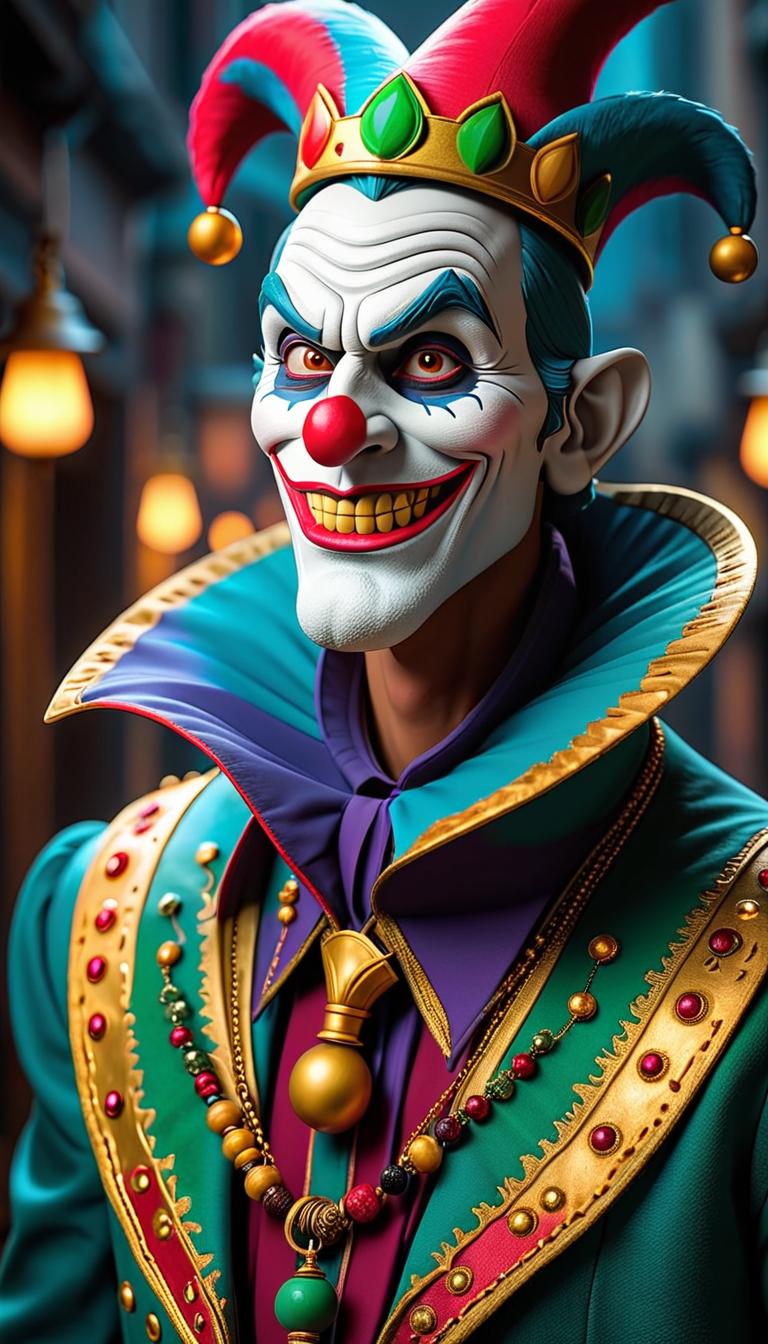  professional 3d model of a sinister jester in a dark carnival. dark, mysterious, scary, haunting, dramatic, ornate, detailed. . rendered with octane, the model is highly detailed,dramatic lighting. hyperrealistic, full body, detailed clothing, highly detailed, cinematic lighting, stunningly beautiful, intricate, sharp focus, f/1. 8, 85mm, (centered image composition), (professionally color graded), ((bright soft diffused light)), volumetric fog, trending on instagram, trending on tumblr, HDR 4K, 8K