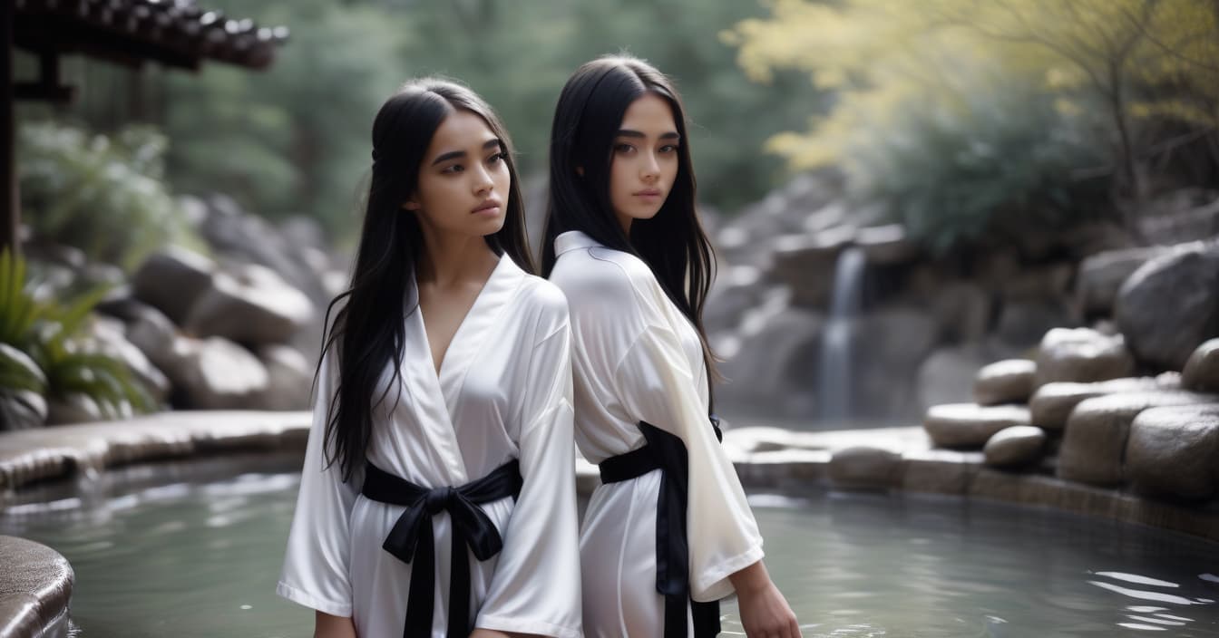  cinematic photo full length view, two girls on hot springs, in tight and short silk robes, white and black long hair. . 35mm photograph, film, bokeh, professional, 4k, highly detailed, perfecteyes, hkmagic