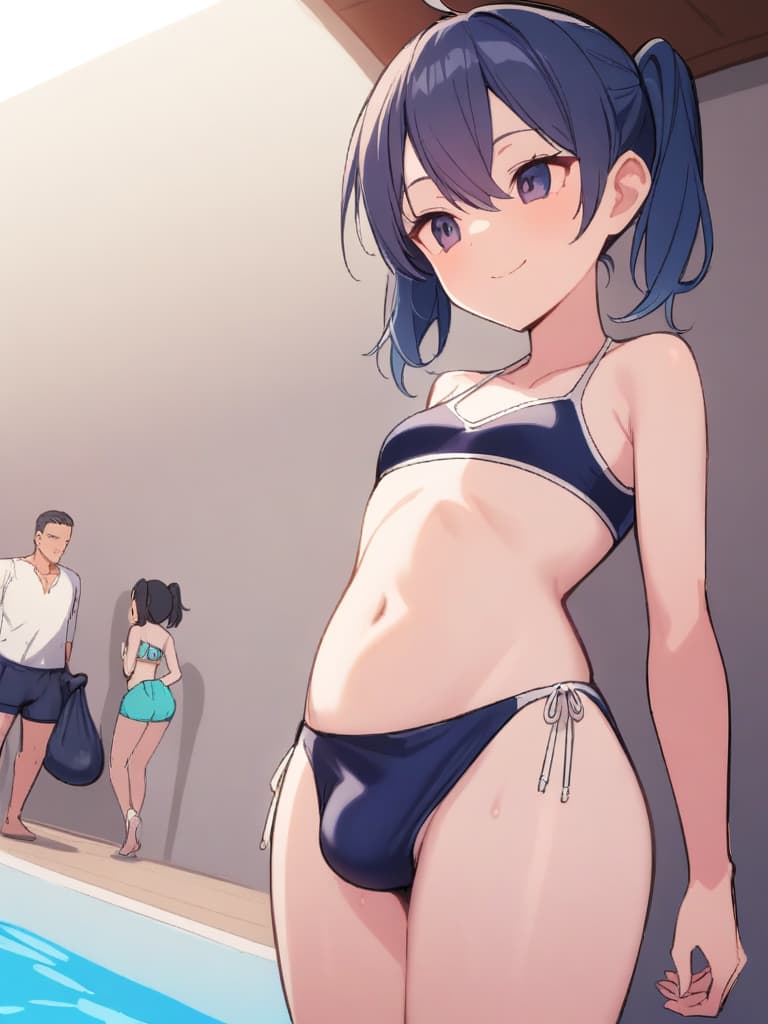  women's elementary students (with male), twin tails, cute smiles, rich s, short stature, dark blue swimwear, old swimwear, swimwear, simple, (swelling), upward, (bulge), front, whole body, pool side,