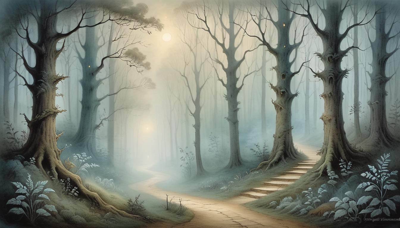  on parchment, surrealism+++, a misty forest with a pathway illuminated by soft light, two paths diverging, serene, trust, determination(mysterious, provocative, symbolic,muted color)+++