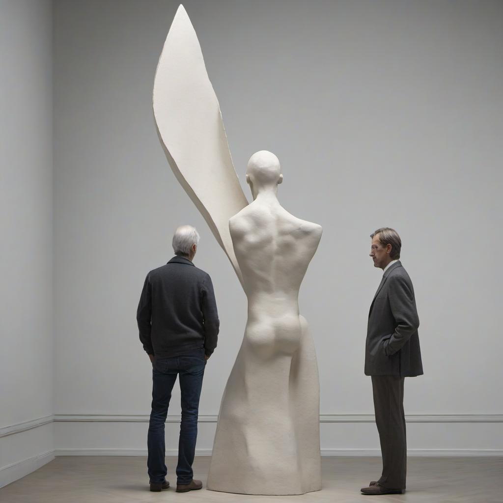  a man sculptor stands with his back to the viewer, in front of him an abstract shapeless sculpture of plaster