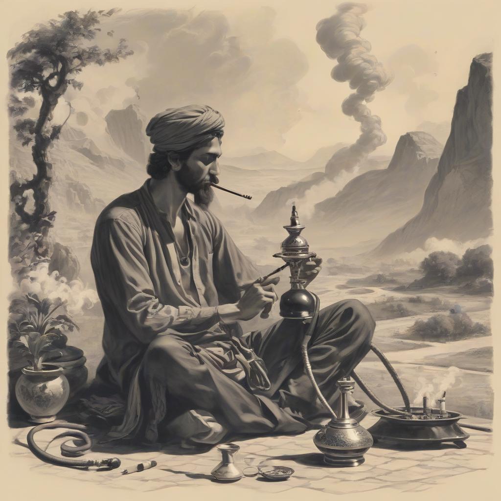  landscape, a man is sitting, smoking a hookah, recreation lessons